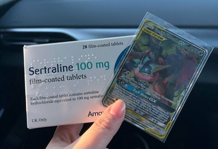 A hand holding a Vinted Pokemon card next to a box of Sertraline, an unhinged Vinted post.