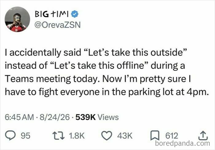 A screenshot of a funny tweet about a misspoken phrase during a meeting, keeping the good mood.