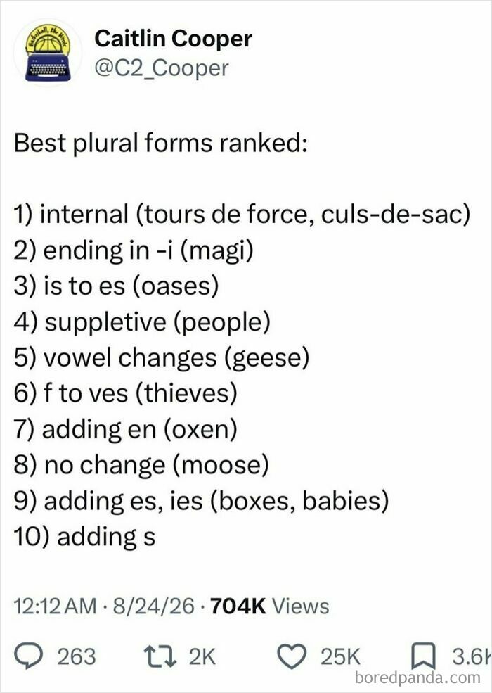 A screenshot of a funny tweet ranking plural forms, keeping the good mood.