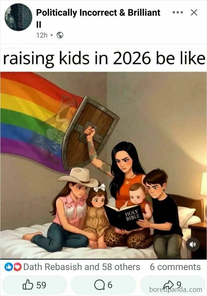 An illustration of a family reading a Bible with a pride flag in the background, representing unbelievably stupid takes.