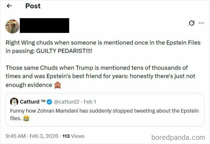 A screenshot of a tweet discussing the unbelievably stupid and infuriating hypocrisy regarding Epstein files.