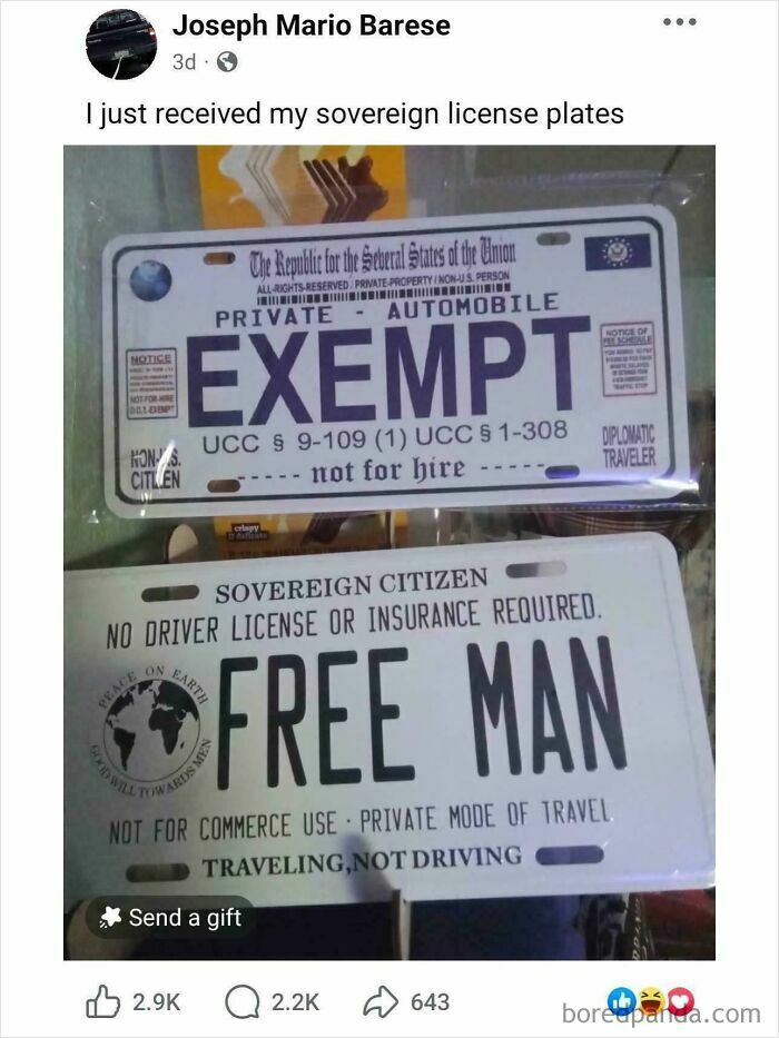 Two custom license plates, highlighting people's unbelievably stupid and infuriating beliefs about sovereign citizen status.