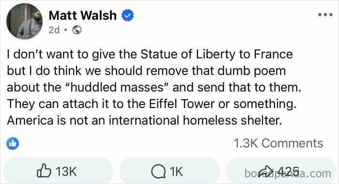 A screenshot of a tweet by Matt Walsh showing people's unbelievably stupid and infuriating takes on the Statue of Liberty.