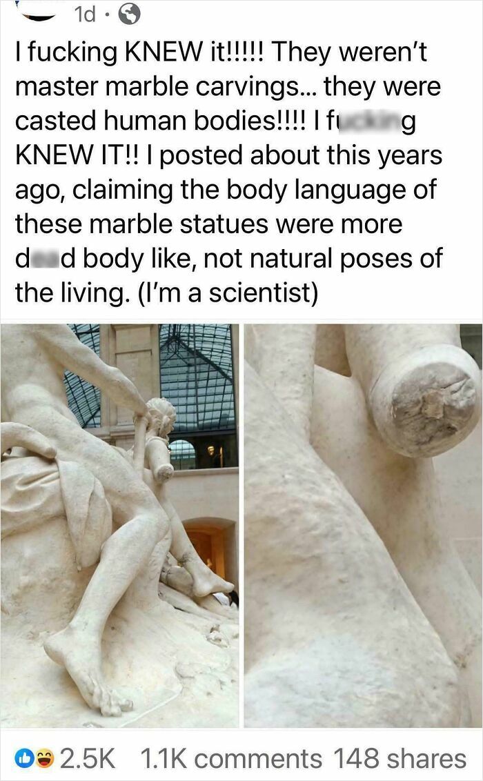 A social media post about people being unbelievably stupid, showing a close-up of a marble statue claimed to be a cast human body.
