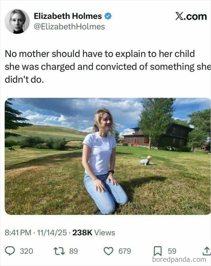 Elizabeth Holmes tweet about people being unbelievably stupid, with an image of her kneeling in a field.