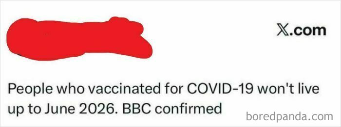 A news headline claiming vaccinated people won't live past 2026, a clear example of unbelievably stupid information.