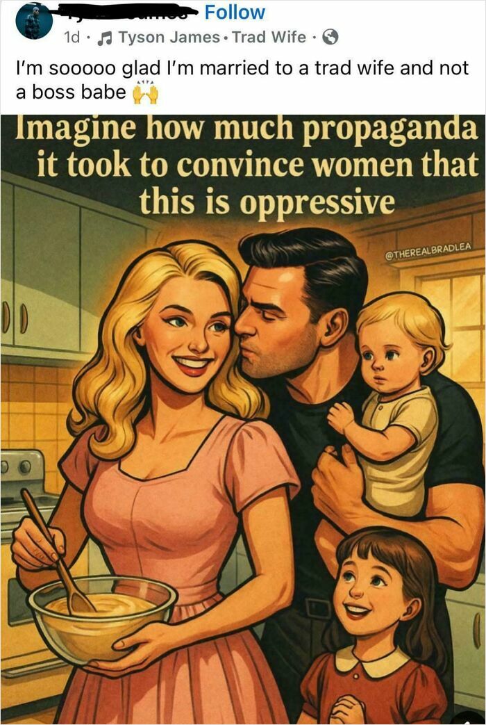 An illustration of a husband, wife, and two children, a family that some people were stupid to call oppressive.
