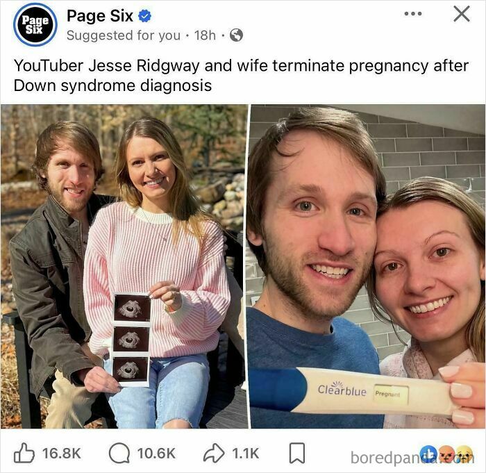 A Page Six post with images of YouTuber Jesse Ridgway and his wife, featuring ultrasound photos and a positive pregnancy test.