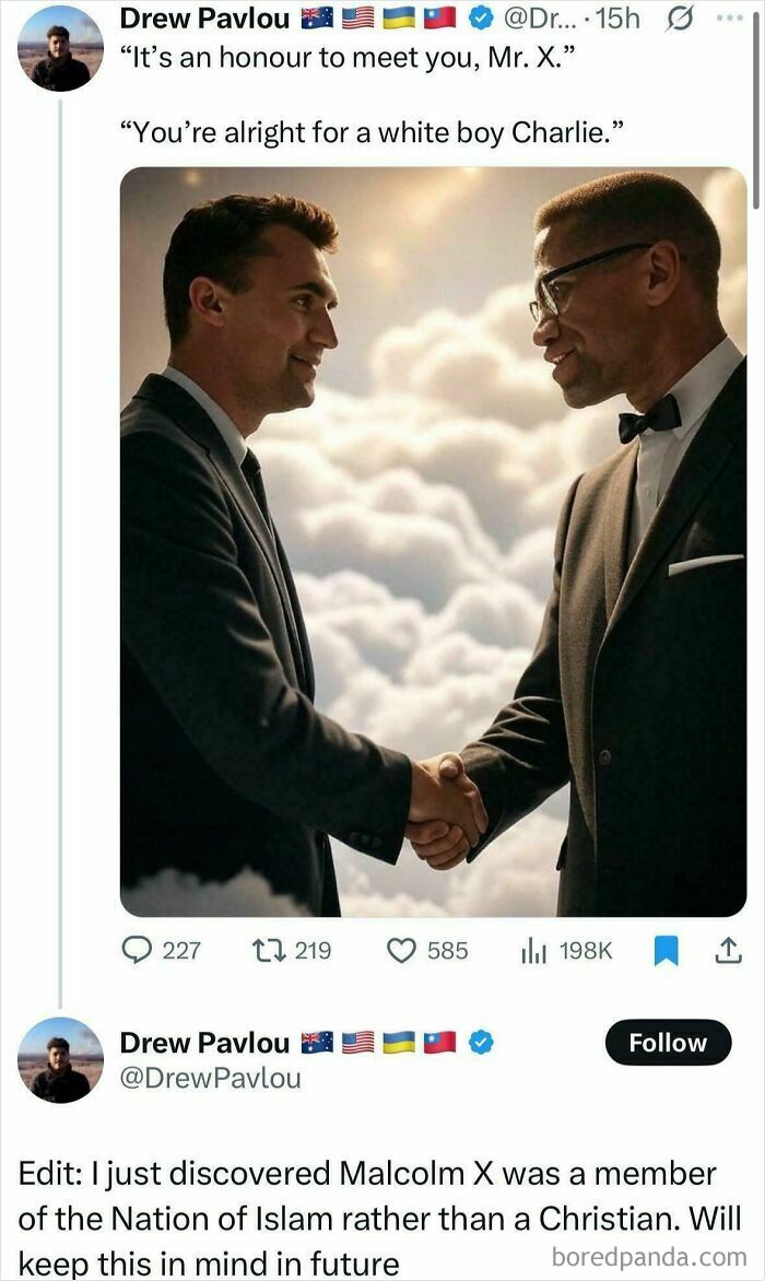 A screenshot of a tweet showing two men shaking hands, revealing unbelievably stupid misunderstandings about historical figures.