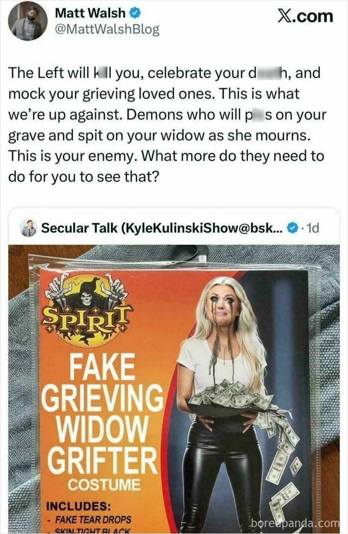 A screenshot of a tweet about a 'Fake Grieving Widow Grifter Costume,' satirizing unbelievably stupid and infuriating behavior.