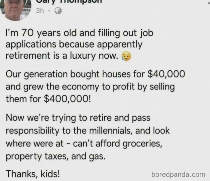 A Facebook post by Gary Thompson discussing unbelievably stupid economic realities and infuriating generational wealth gaps.