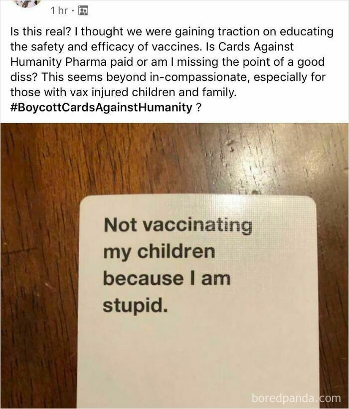 A Cards Against Humanity card displaying a stupid and infuriating statement about not vaccinating children.