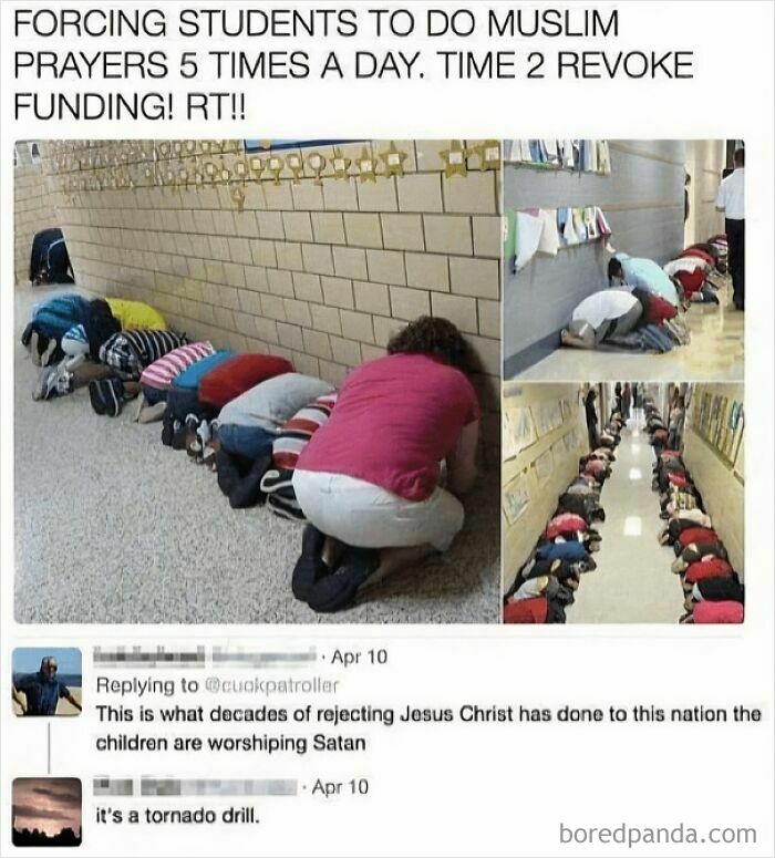 An image showing children kneeling, misidentified as Muslim prayers, with a comment clarifying it's a tornado drill, illustrating unbelievably stupid people.
