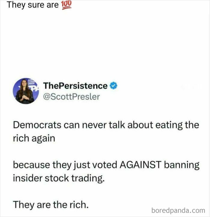 A tweet about Democrats voting against banning insider stock trading, highlighting unbelievably stupid and infuriating behavior.