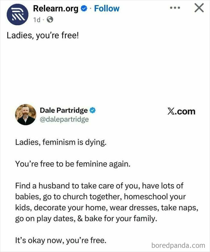 A social media post from Relearn.org and Dale Partridge about feminism dying, offering unbelievably stupid and infuriating advice.