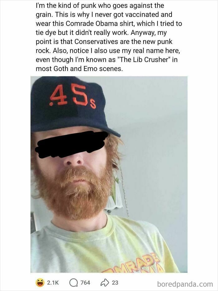 A bearded man in a 45s hat and tie-dye shirt, claiming to be punk, illustrating unbelievably stupid and infuriating content.