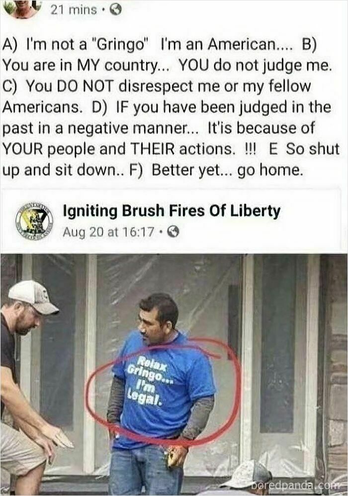 A man wearing a Relax Gringo... I'm Legal shirt, circled in red, being confronted, highlighting unbelievably stupid people.