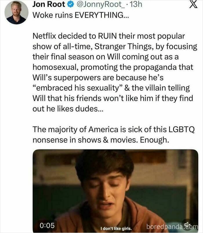 A screenshot of a tweet by Jon Root discussing how people are stupid and infuriating about Netflix and Stranger Things.