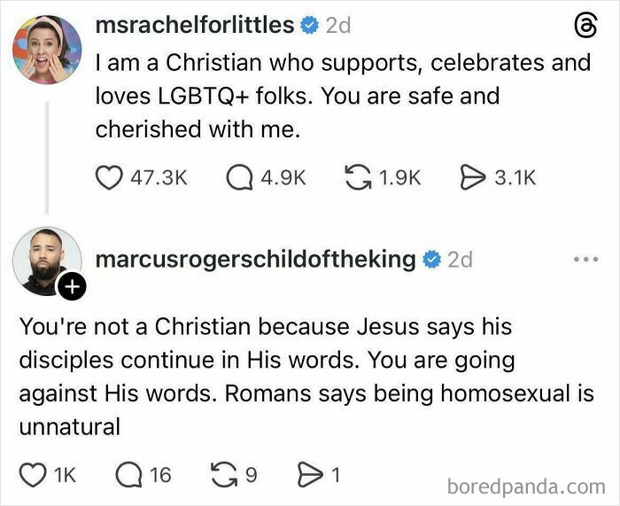 A social media exchange where one person supports LGBTQ+ and another criticizes, showcasing unbelievably stupid arguments.
