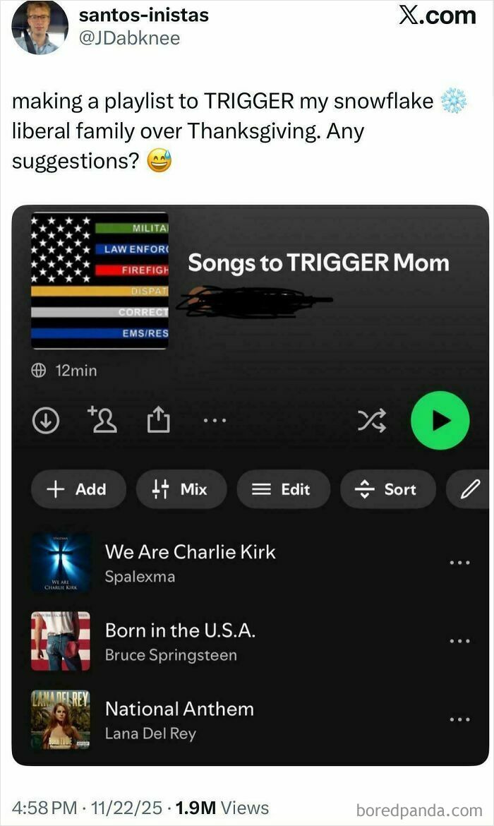 A screenshot of a Spotify playlist titled Songs to TRIGGER Mom, showcasing unbelievably stupid suggestions.
