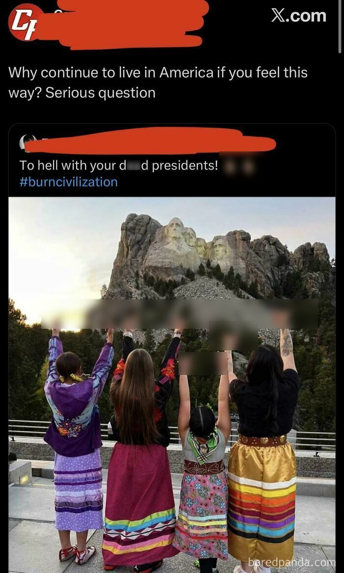 A social media post with a photo of people protesting Mount Rushmore, highlighting unbelievably stupid and infuriating acts.