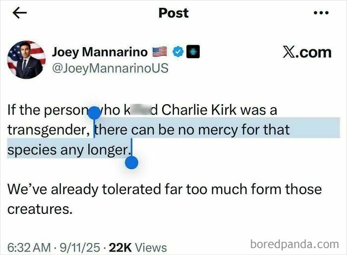 Screenshot of a tweet from Joey Mannarino calling for no mercy if a transgender person was involved in a k*****g, an unbelievably stupid and hateful comment.