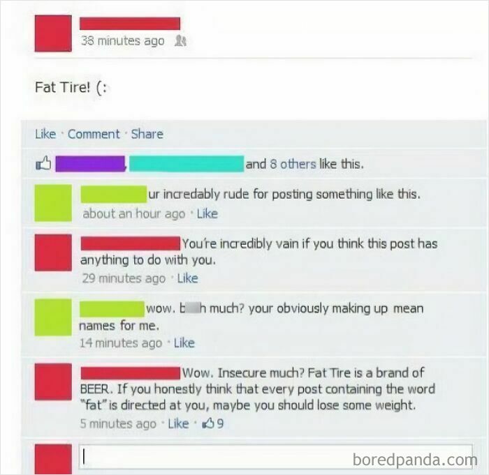 A social media thread about a 'Fat Tire' post, where commenters mistakenly believe it's about body shaming when it's a beer brand, showcasing unbelievably stupid people.