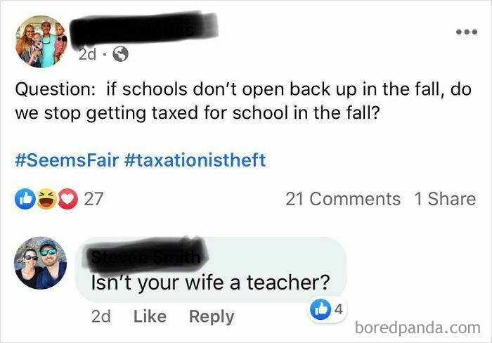 A social media post with a question about schools and taxes, followed by a comment asking if the original poster's wife is a teacher, highlighting unbelievably stupid people.