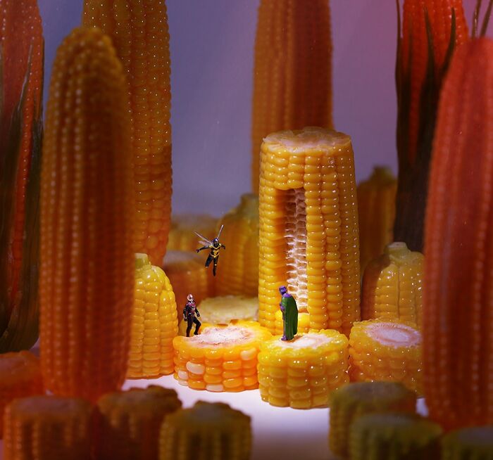 Miniature Calendar work by Tatsuya Tanaka displaying tiny figures in a landscape of corn cobs.