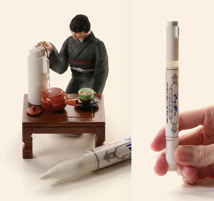 Miniature Calendar work by Tatsuya Tanaka featuring a figure pouring tea with a correction pen as a kettle.