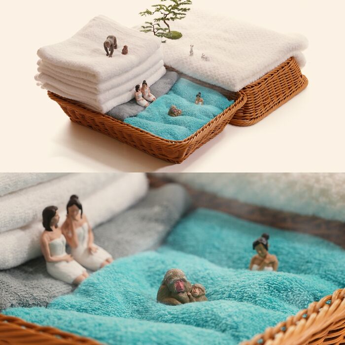 Miniature Calendar Works by Tatsuya Tanaka showcasing miniature figures relaxing on folded towels in a wicker basket.