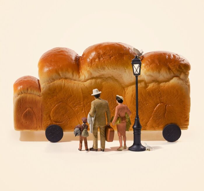 Miniature Calendar Works by Tatsuya Tanaka featuring a car made of bread loaves with miniature figures standing beside it.