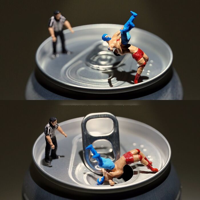 Miniature Calendar work by Tatsuya Tanaka: miniature wrestlers grappling on top of a soda can.