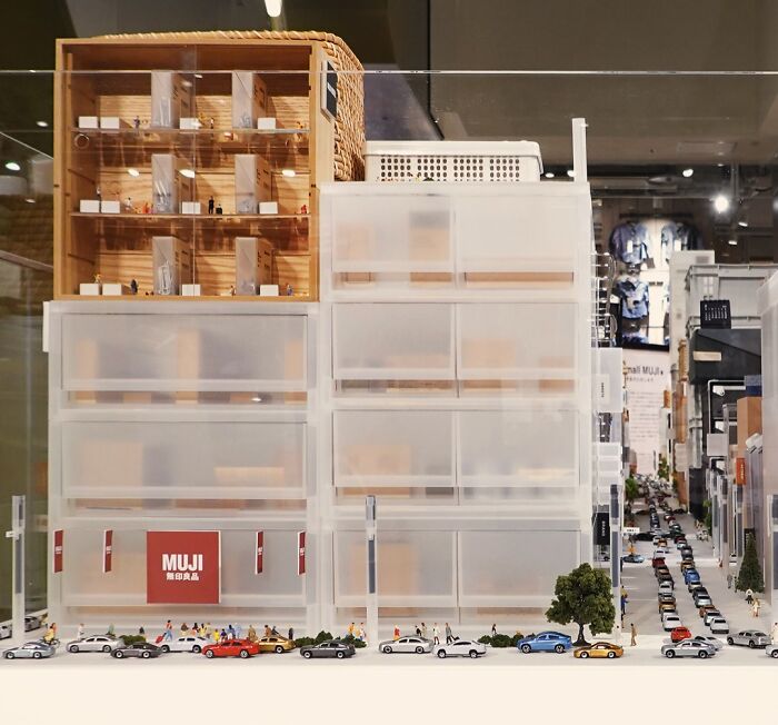 Miniature Calendar work by Tatsuya Tanaka, a cityscape made from Muji drawers with tiny cars and people.