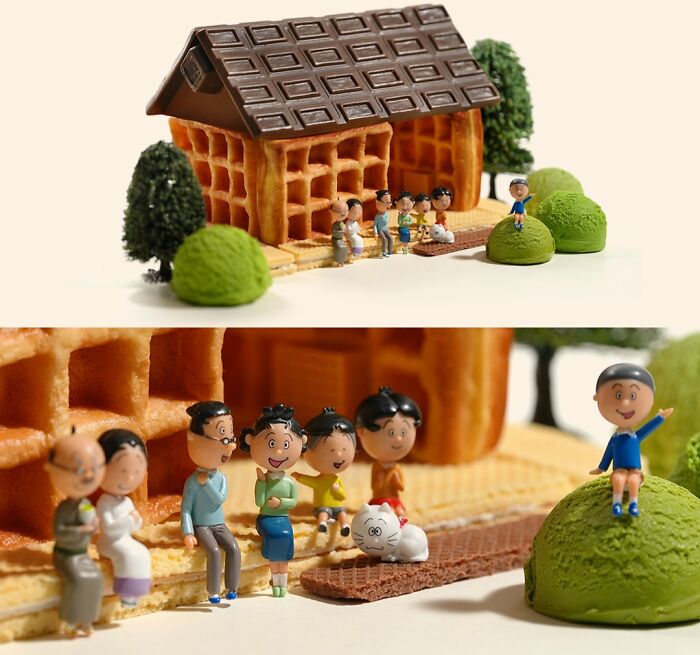 Miniature Calendar work by Tatsuya Tanaka showing a waffle house with small figures and trees.