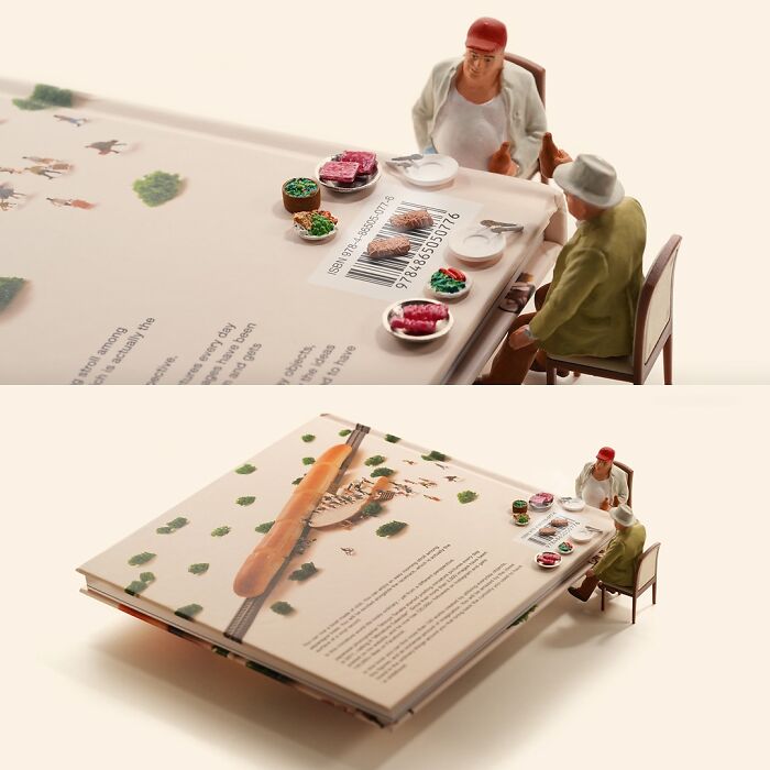 Tatsuya Tanaka's miniature calendar art features tiny figures having a meal on a book, made to look like a dining table.