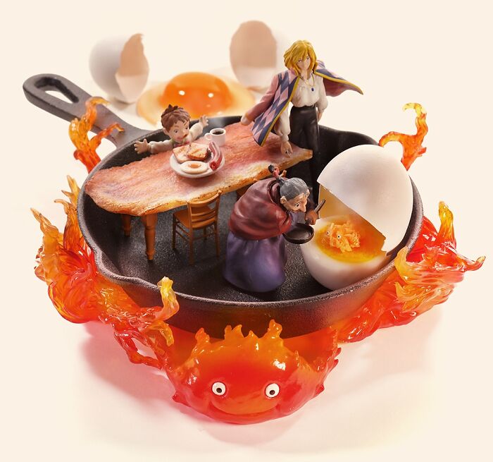 Miniature Calendar Works by Tatsuya Tanaka depicting characters from Howl's Moving Castle within a frying pan with eggs.