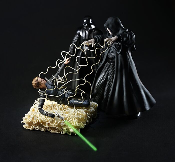 A miniature calendar work by Tatsuya Tanaka depicting Star Wars figures on a bed of instant noodles.