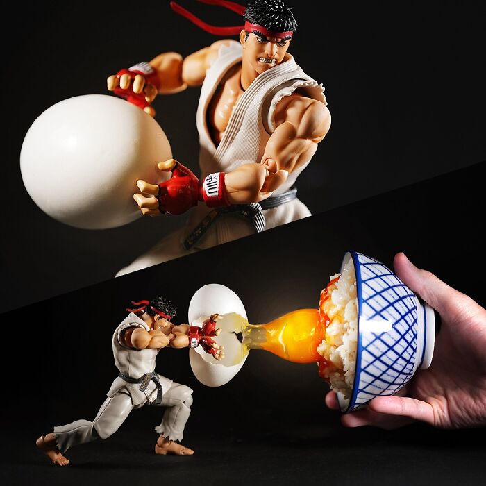 Miniature calendar works by Tatsuya Tanaka: Ryu figure punching an egg, sending its yolk into a bowl of rice.