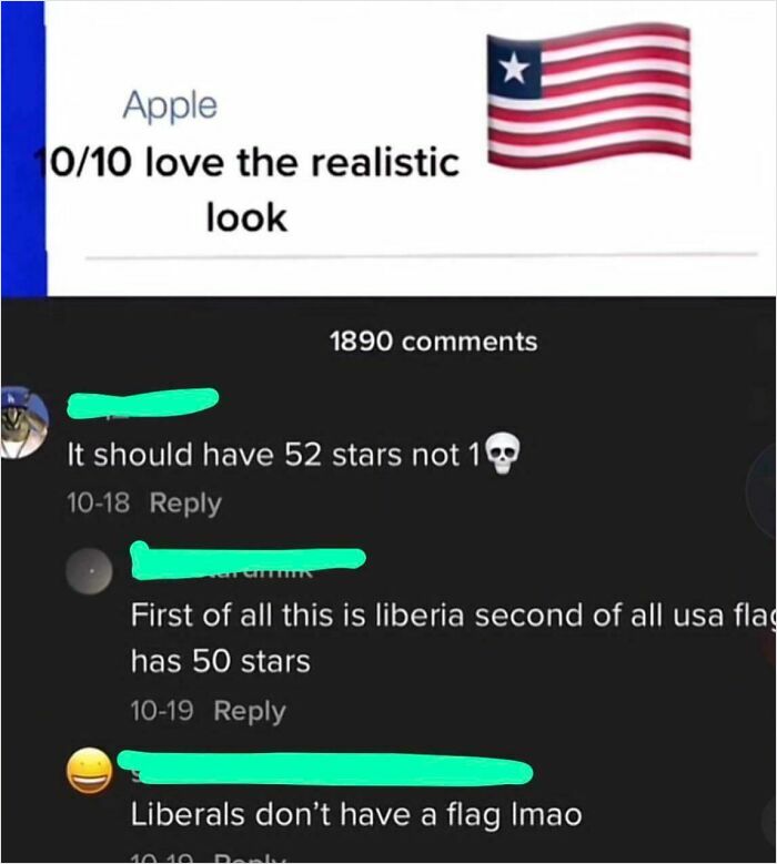 A cringy fail comment about the Liberian flag, mistakenly thinking it's the USA flag and critiquing its stars.