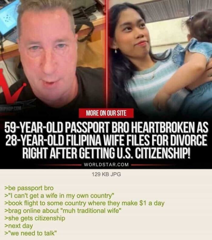 A passport bro's AI girlfriend cringy fail as his Filipina wife divorces him after getting U.S. citizenship.