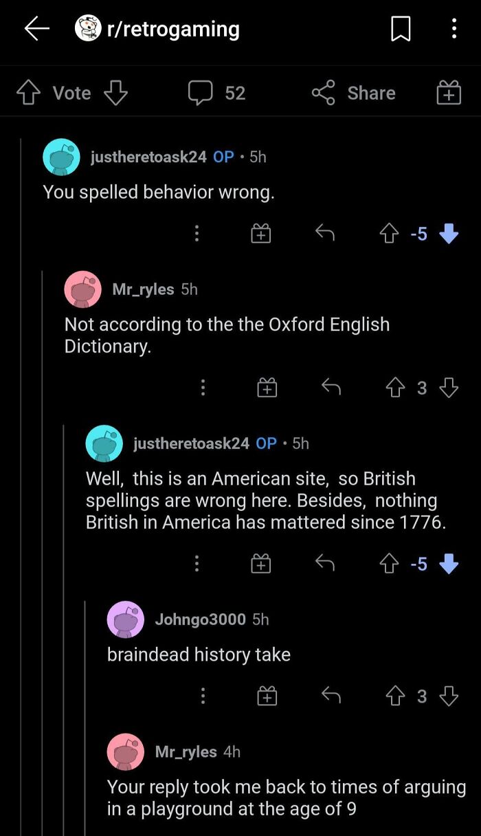 A Reddit thread discussing spelling differences between US and UK English, escalating into a cringy fail.