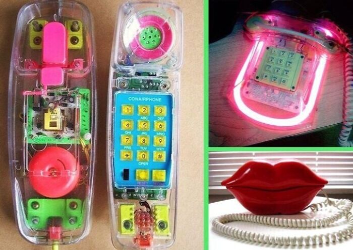 A vibrant collage of 80s retro tech phones, including transparent and novelty lip-shaped designs, reflecting the era's unique style.