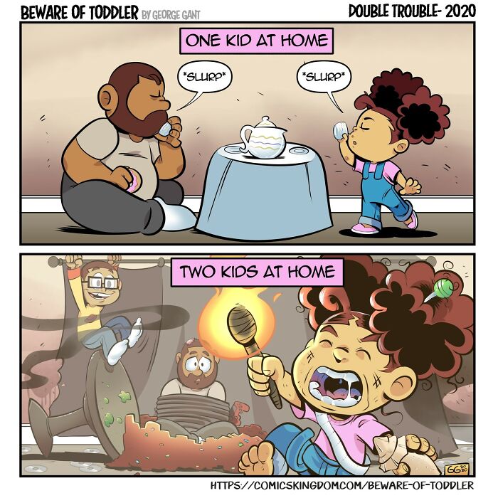 A comic strip depicting the chaos of parenting a toddler alone versus with another child. Parenting a toddler.