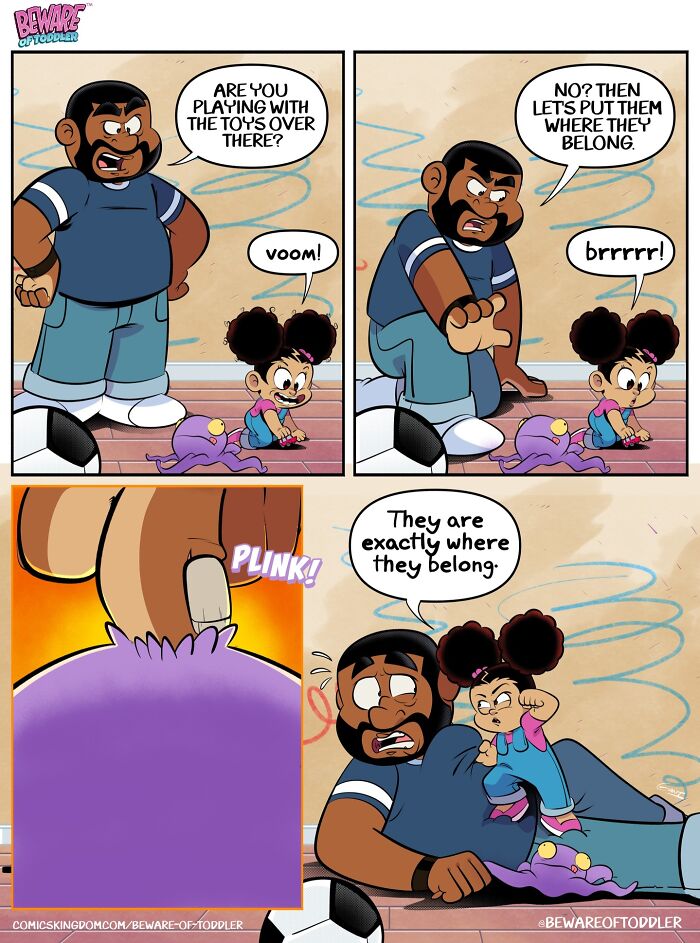 A comic showing a dad telling his toddler to put away toys, only for the toddler to bring them to him. Parenting a toddler.