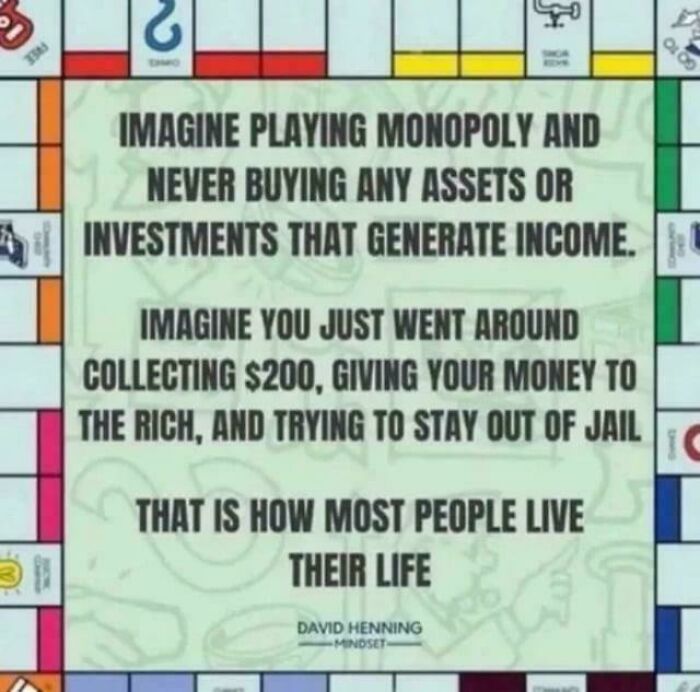A Monopoly board with text explaining how most people live, giving money to the rich, a powerful 'Eat The Rich' moment.