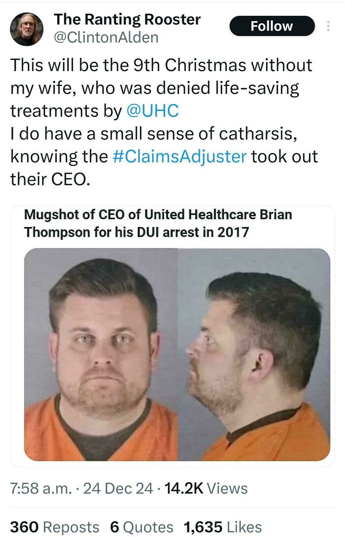 A social media post displays a mugshot of a CEO, representing an 'Eat The Rich' moment related to healthcare.