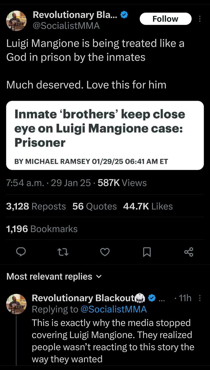 A tweet about Luigi Mangione, an Eat The Rich moment.