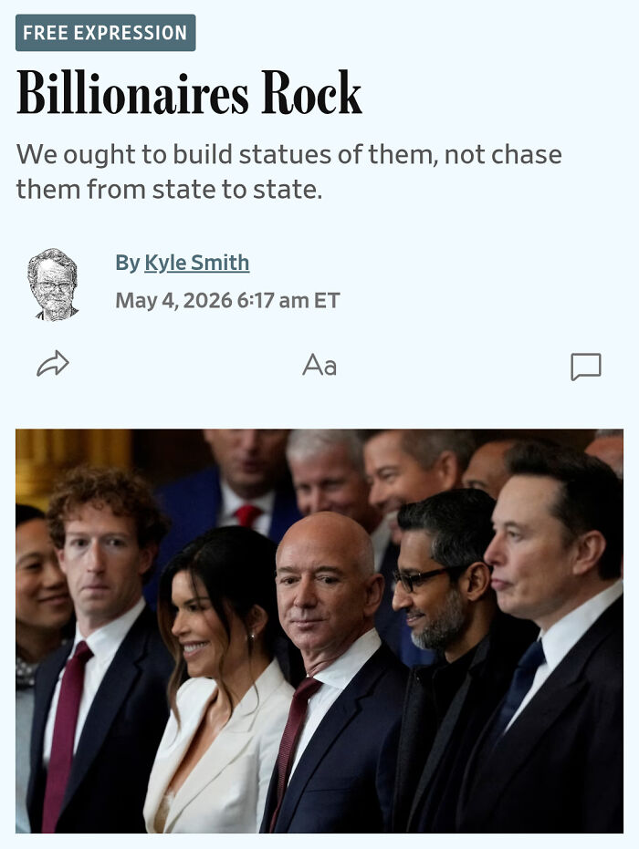 An article titled Eat The Rich Moments featuring prominent billionaires like Elon Musk, Jeff Bezos, and Mark Zuckerberg.