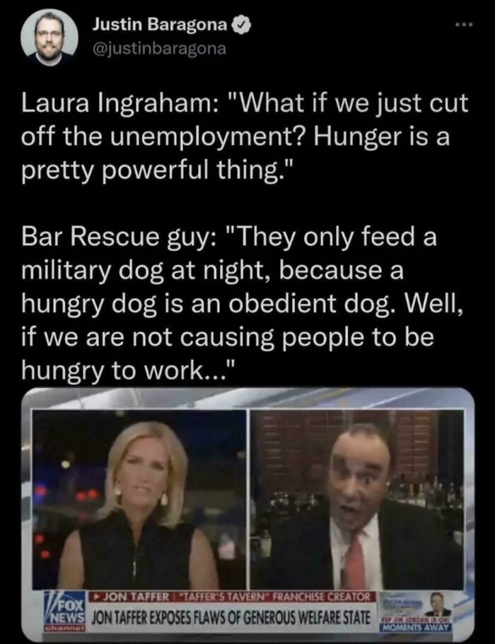 A social media post with the title Eat The Rich Moments featuring Laura Ingraham and Jon Taffer discussing unemployment.
